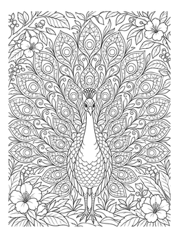 An ornate peacock coloring page featuring detailed tail feathers and blooming flowers.