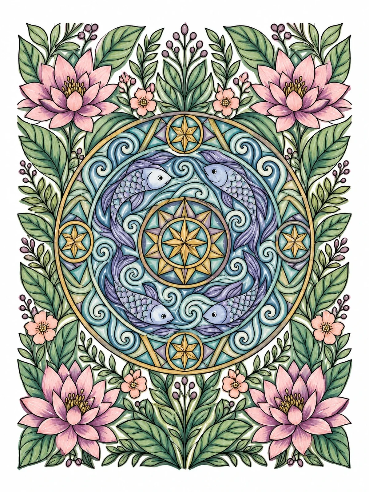 Colored example of the Intricate Pisces Mandala With Lotus Flowers coloring page