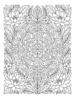 An intricate pisces coloring page featuring swimming fish in a central mandala framed by blooming lotus flowers.