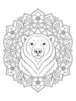 An intricate polar bear coloring page framed inside an ornate floral mandala.
