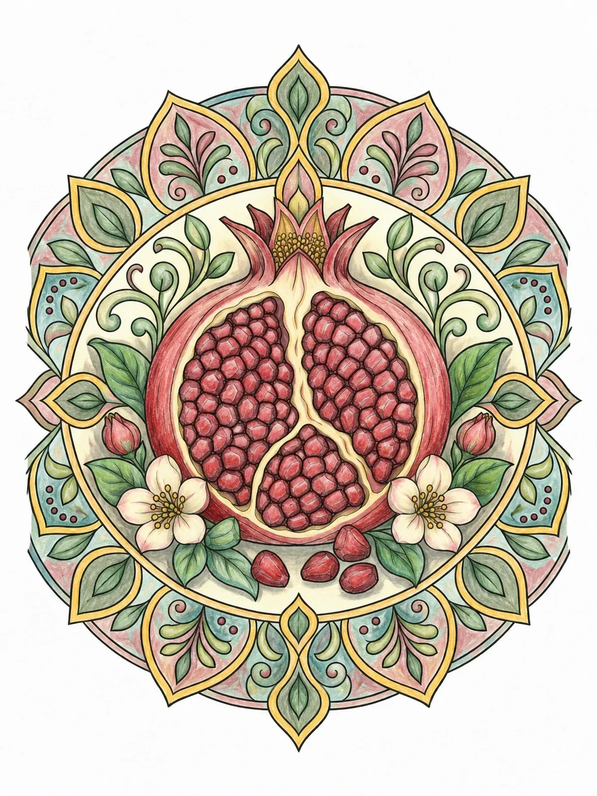 Colored example of the Intricate Pomegranate Mandala coloring page