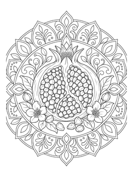 An ornate fruit coloring page featuring an open pomegranate framed by circular floral mandala patterns.
