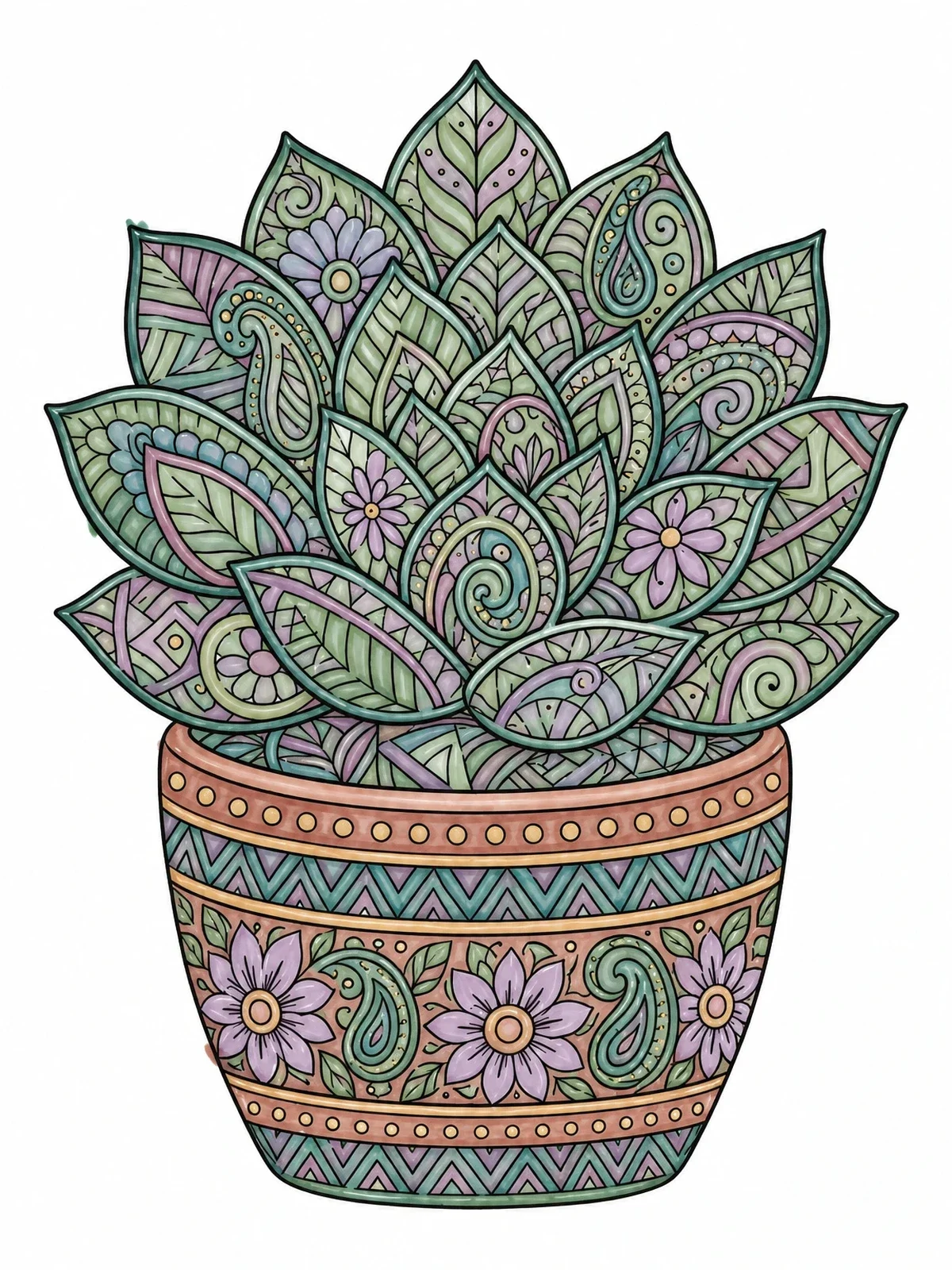 Colored example of the Intricate Potted Zentangle Succulent coloring page