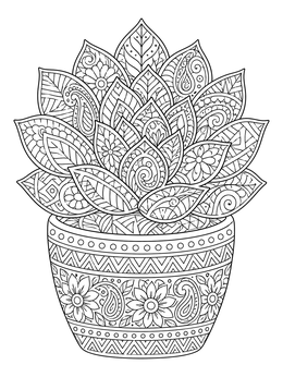 A decorative zentangle coloring page featuring an ornate potted succulent plant with detailed patterns.