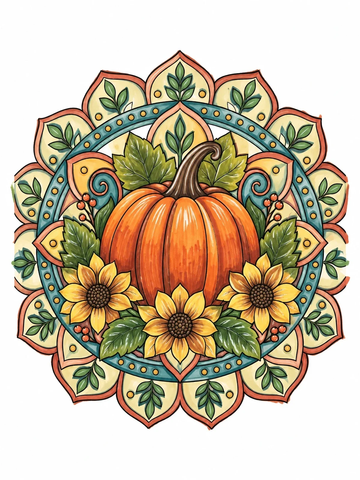 Colored example of the Intricate Pumpkin And Floral Mandala coloring page