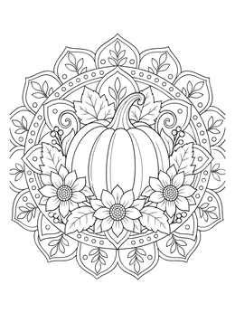 An intricate pumpkin coloring page framed with blooming flowers and decorative mandala patterns.