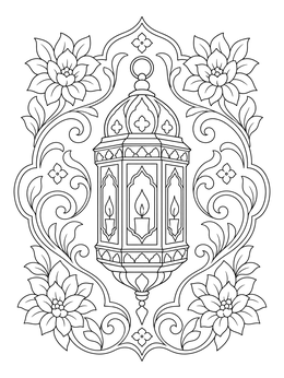 An ornate fanous lantern inside a floral arabesque frame on this ramadan coloring page.