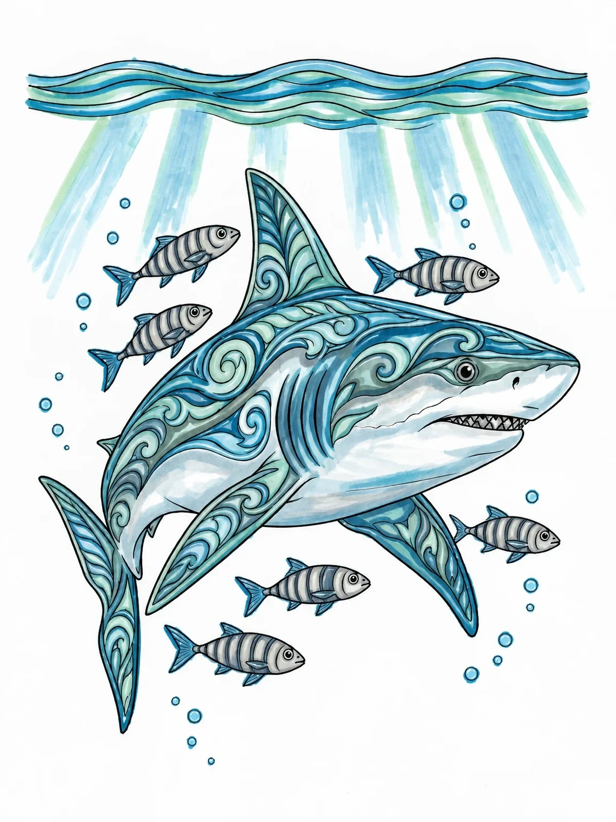 Colored example of the Intricate Shark With Pilot Fish coloring page