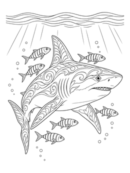 An adult shark coloring page with ornate patterns swimming alongside striped pilot fish under ocean waves.