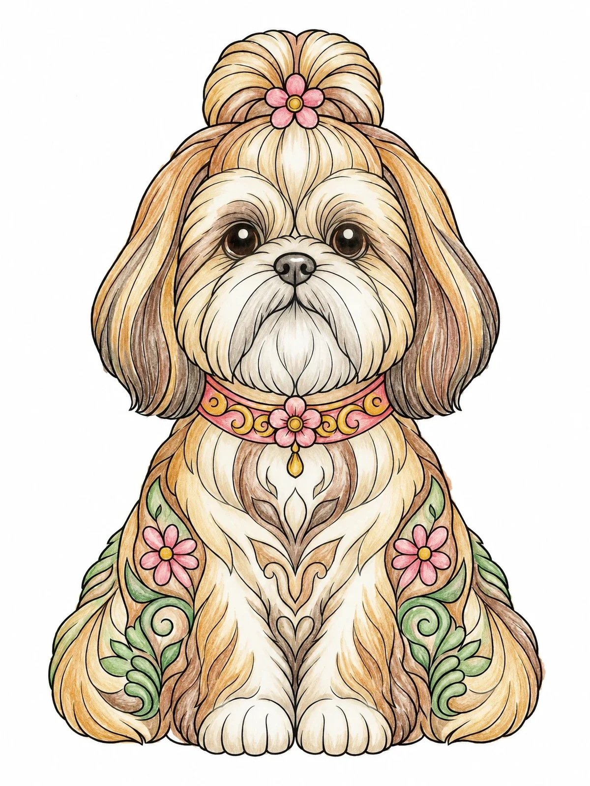 Colored example of the Intricate Sitting Shih Tzu Dog coloring page