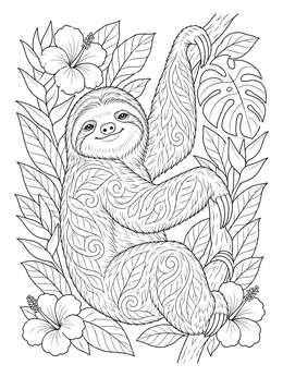 A detailed sloth coloring page featuring lush tropical leaves and flowers.