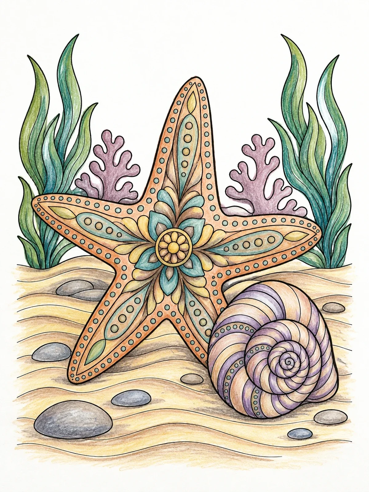 Colored example of the Intricate Starfish On The Ocean Floor coloring page
