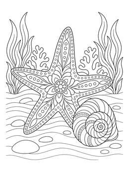 A detailed sea star coloring page featuring a patterned starfish and spiral seashell under the sea.