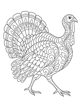 Detailed turkey coloring page featuring ornamental feathers and floral scroll patterns.