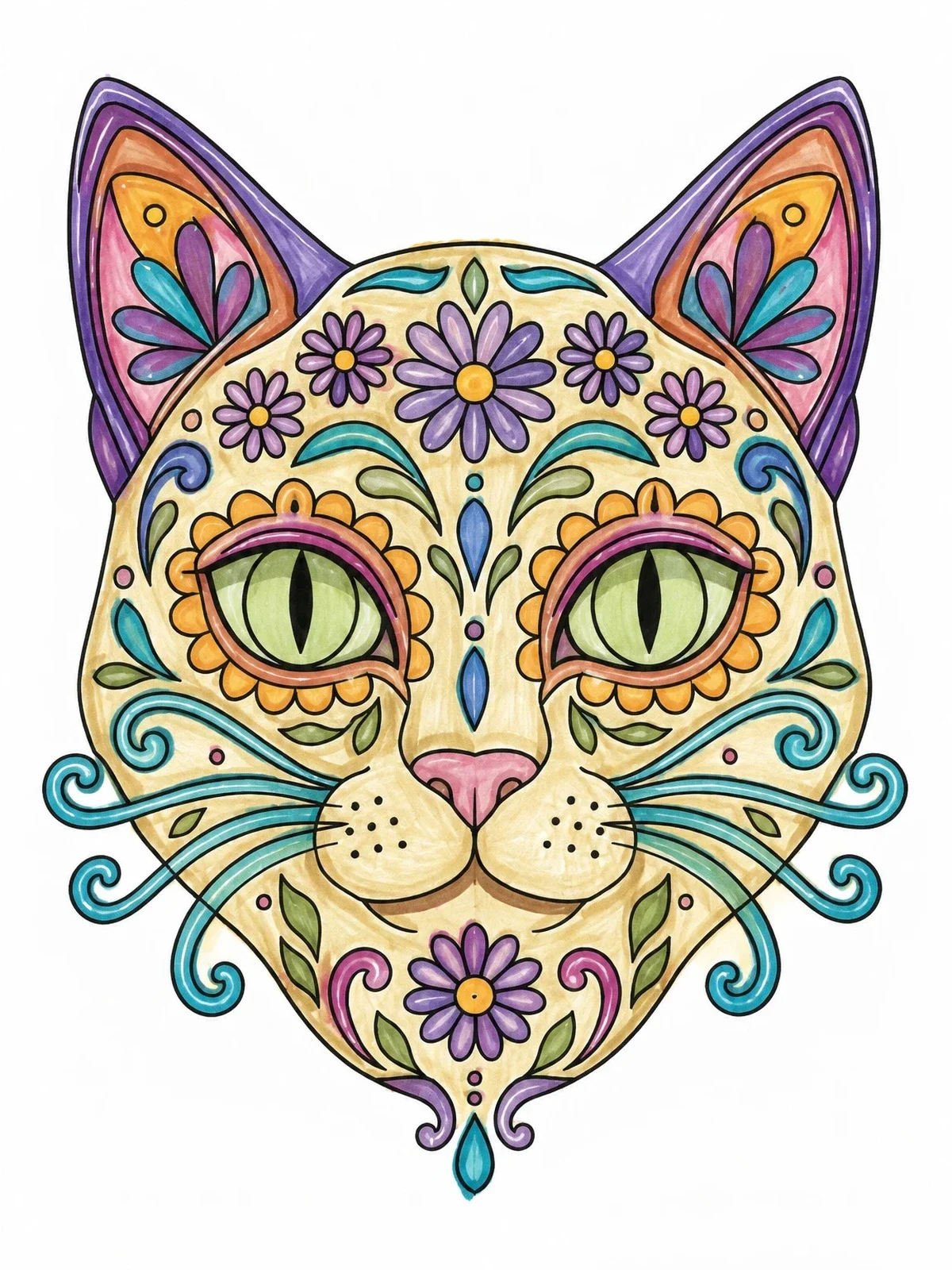 Colored example of the Intricate Sugar Skull Cat coloring page