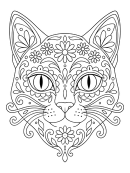 An ornate cat sugar skull coloring page featuring floral patterns, swirls, and decorative ears.