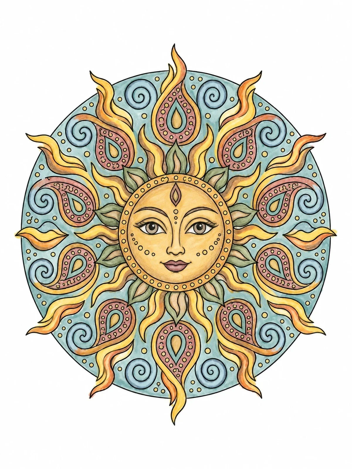 Colored example of the Intricate Sun Face Mandala coloring page