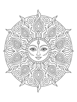 A peaceful sun coloring page featuring paisley patterns and curved rays in a circular mandala.