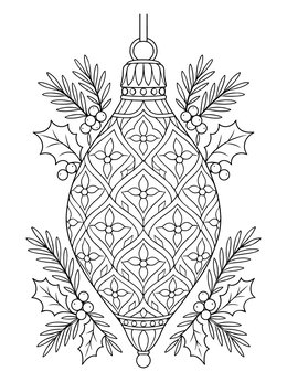 Intricate bauble on a christmas mindfulness coloring page surrounded by holly leaves.