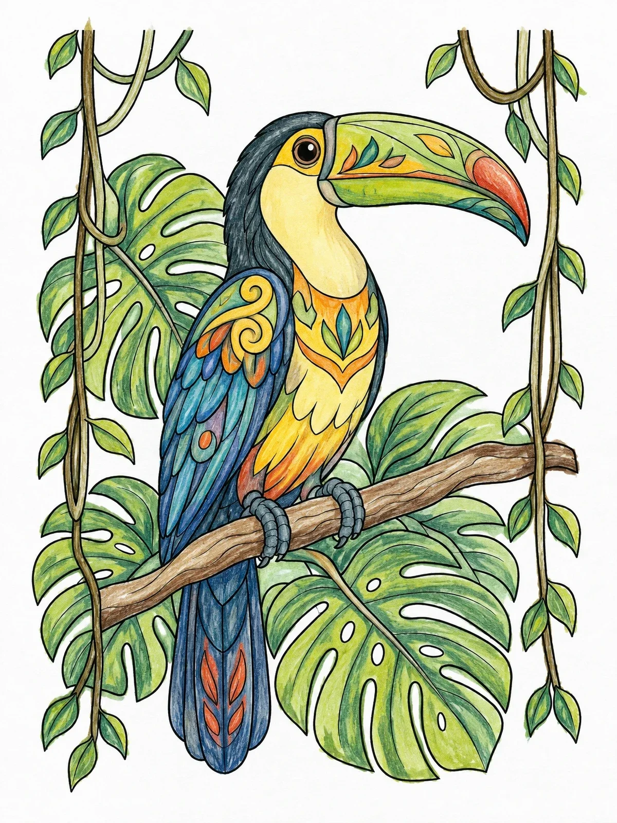 Colored example of the Intricate Toucan Among Monstera Leaves coloring page