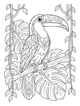 A detailed toucan coloring page featuring ornate feathers, jungle vines, and monstera foliage.