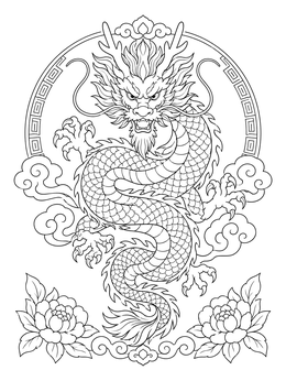 Detailed Chinese dragon coloring page surrounded by clouds and flowers.