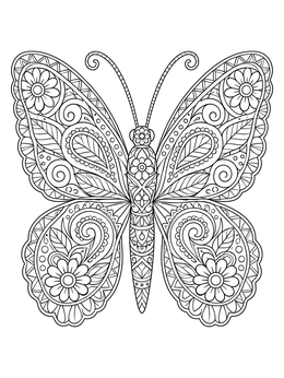 An ornate butterfly on a zentangle coloring page with floral wings.