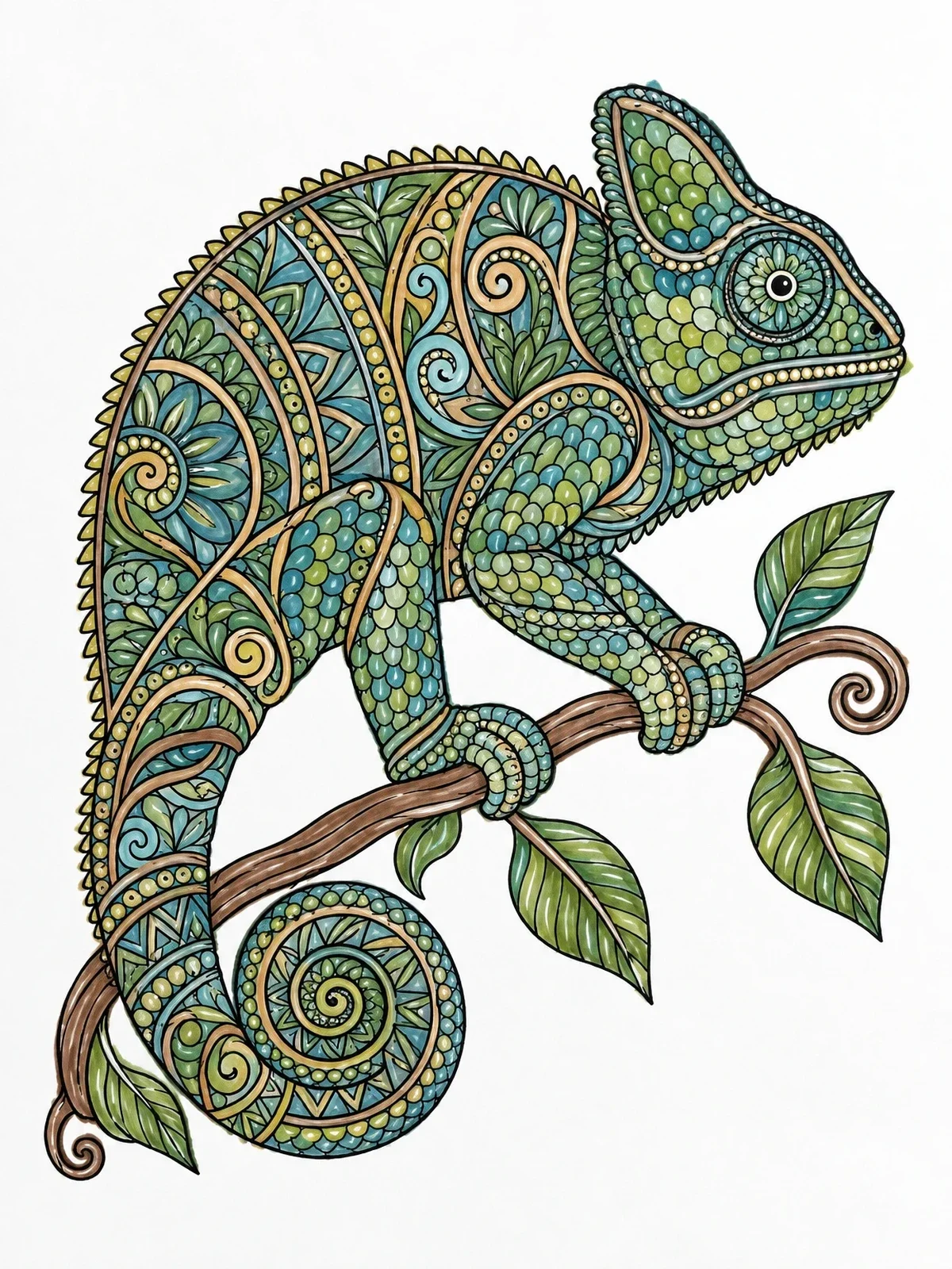 Colored example of the Intricate Zentangle Chameleon On Branch coloring page