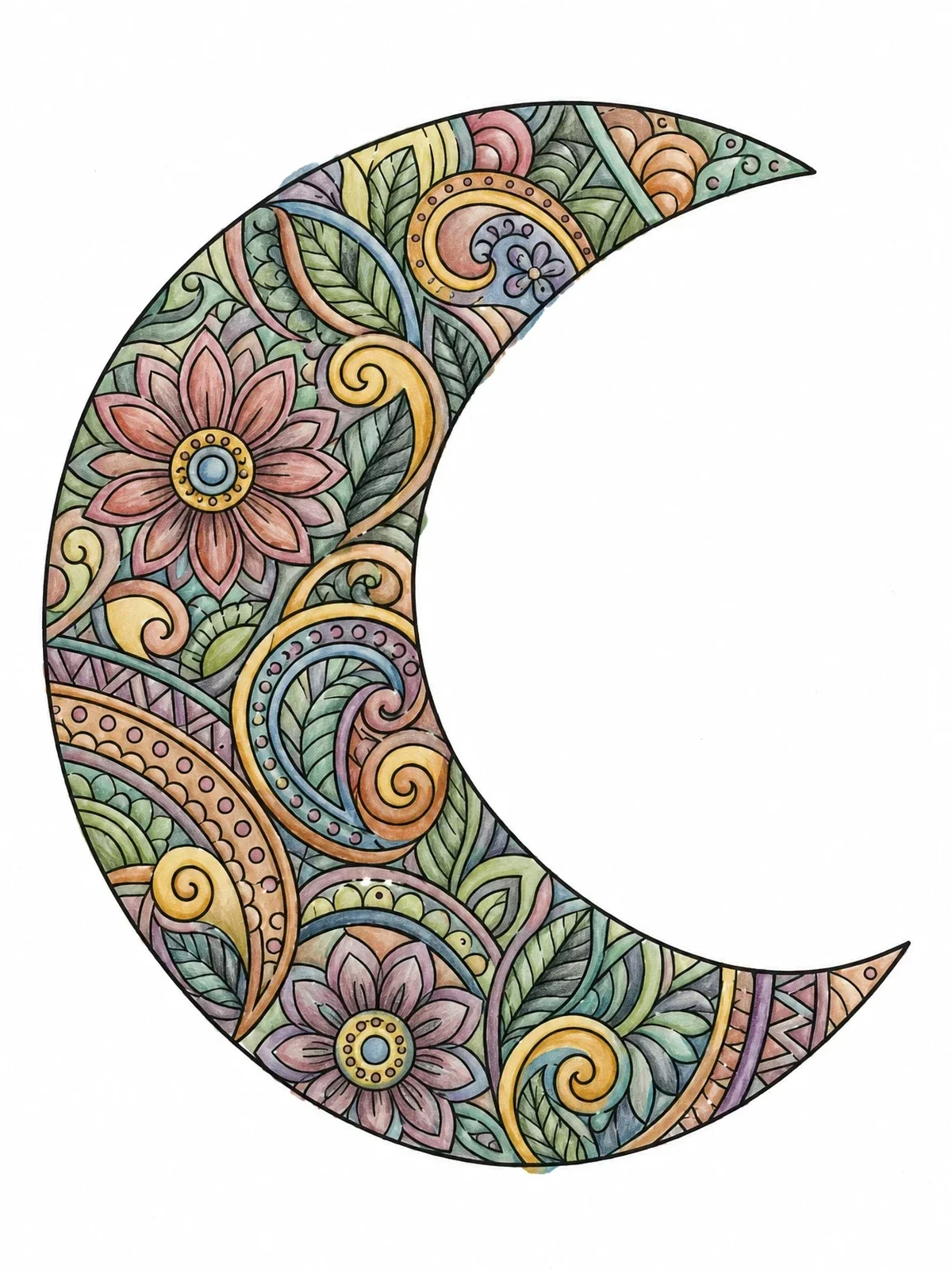 Colored example of the Intricate Zentangle Crescent Moon coloring page
