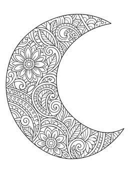 Detailed crescent moon filled with florals on this zentangle coloring page.