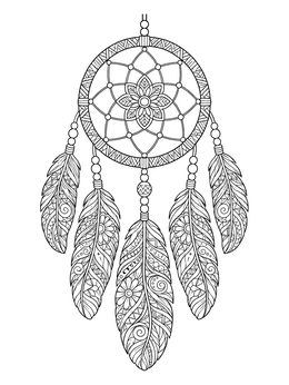 Detailed zentangle coloring page featuring an ornate dreamcatcher adorned with intricate patterned feathers.