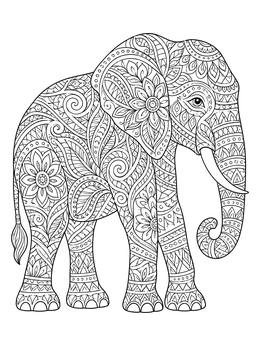 An ornate elephant features detailed floral textures in this zentangle coloring page.