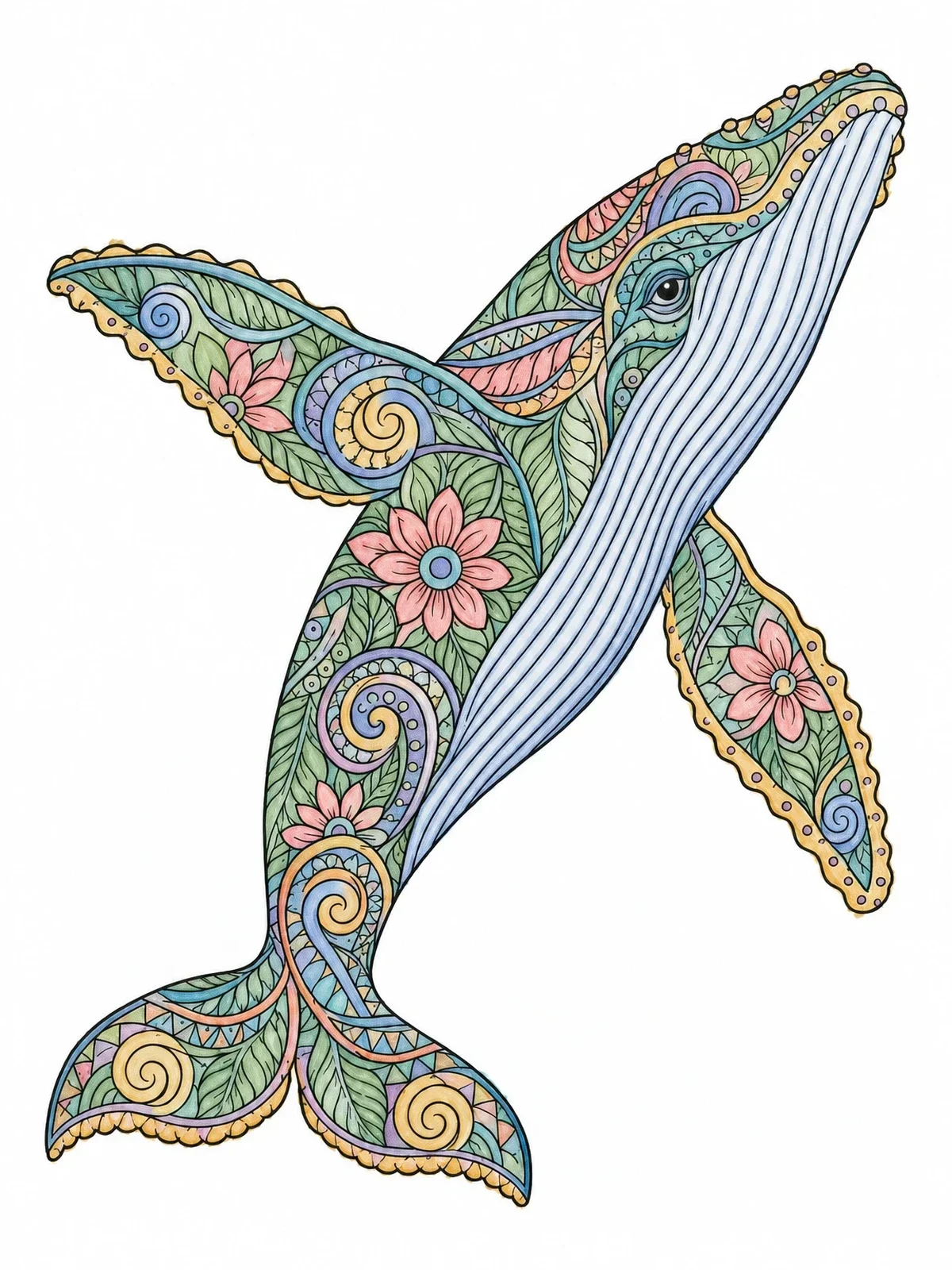 Colored example of the Intricate Zentangle Humpback Whale coloring page