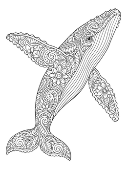 A graceful whale filled with detailed floral swirls on this zentangle coloring page.