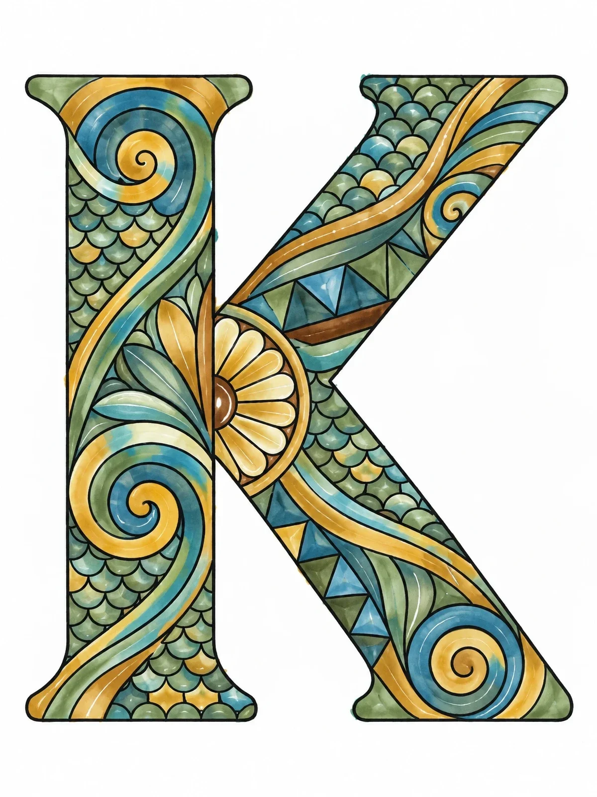 Colored example of the Intricate Zentangle Letter K coloring page