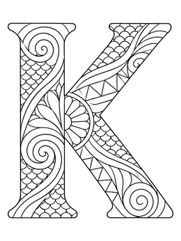 Free printable Intricate Zentangle Letter K coloring page