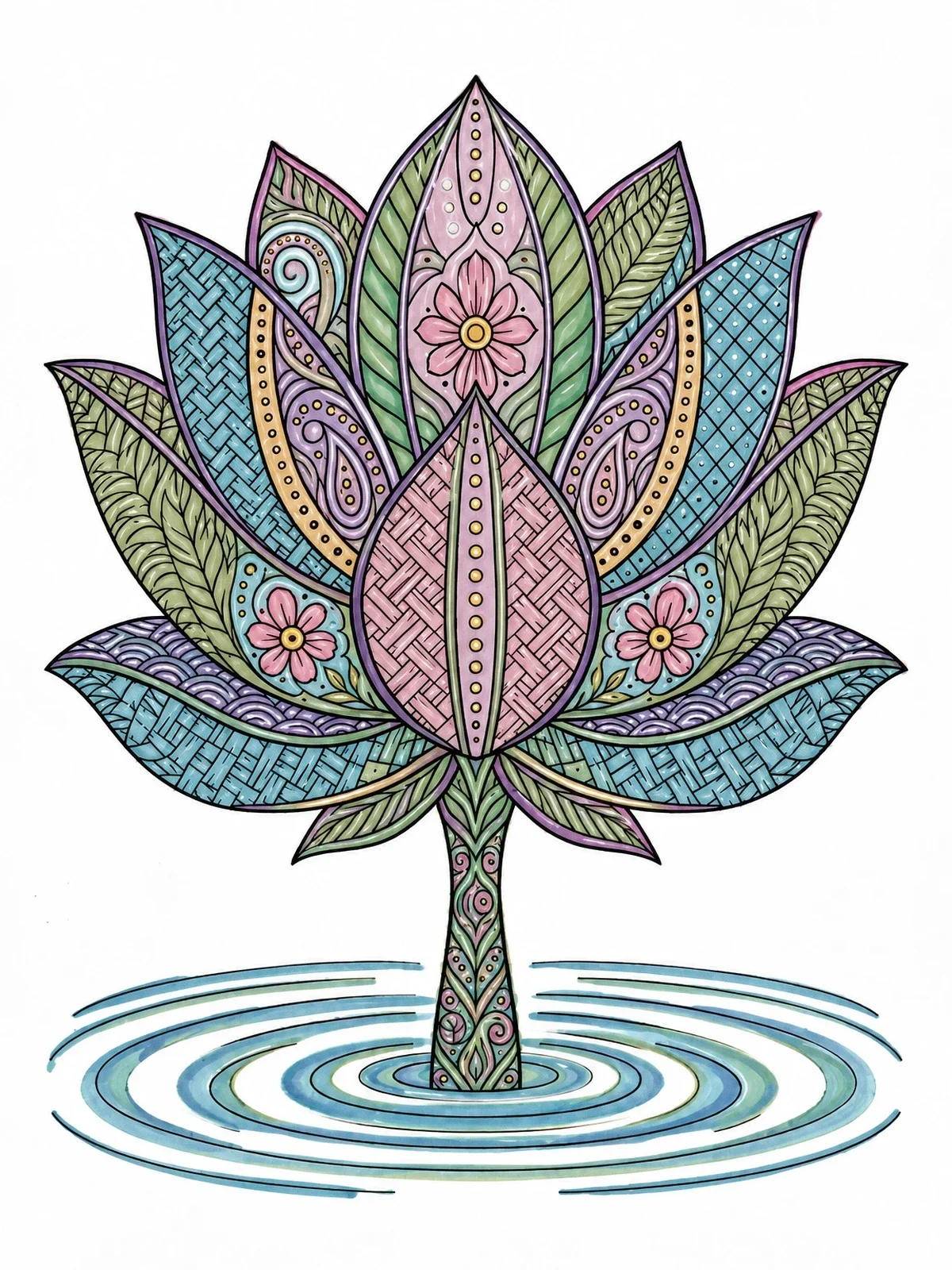 Colored example of the Intricate Zentangle Lotus On Water coloring page
