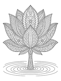 An ornate zentangle coloring page featuring a patterned lotus flower rising over water ripples.