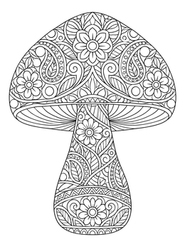 Detailed zentangle coloring page featuring an ornate mushroom with floral patterns.