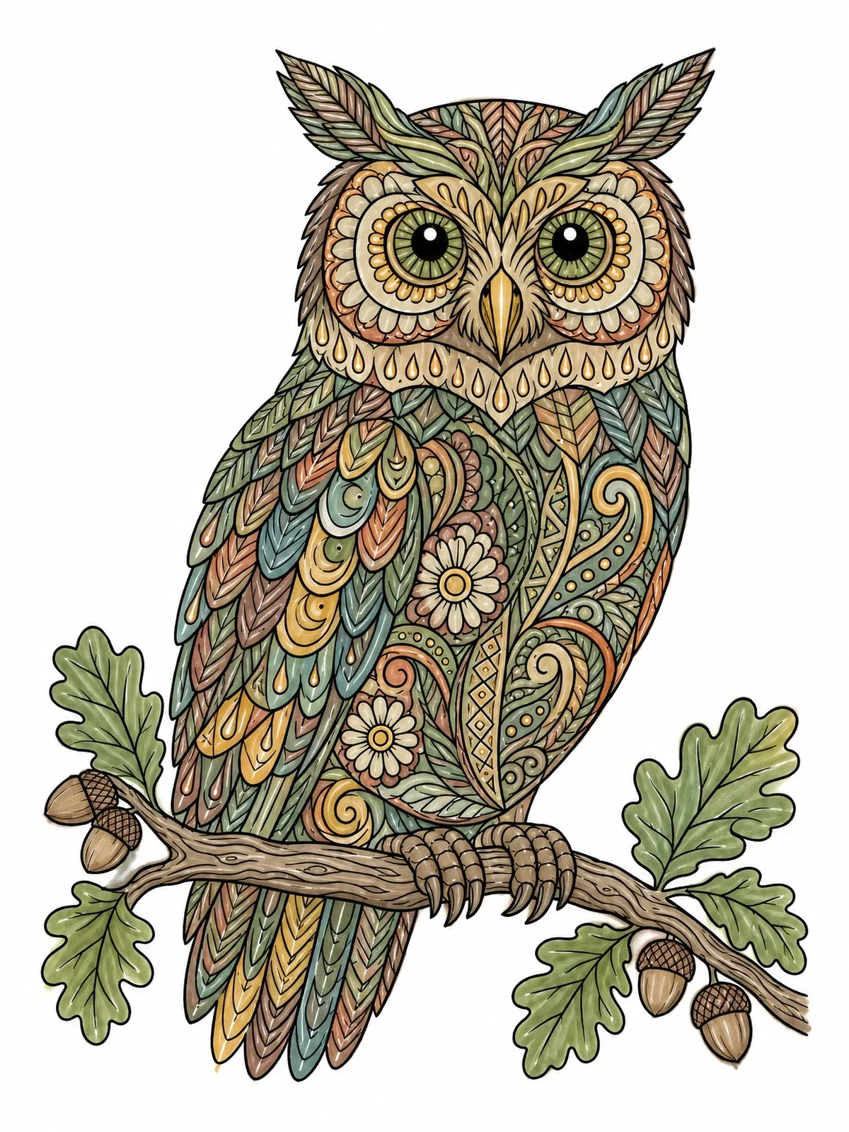 Colored example of the Intricate Zentangle Owl On Oak Branch coloring page