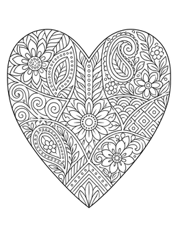 An intricate zentangle coloring page featuring a segmented heart with floral and paisley patterns.