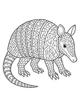 An intricate armadillo coloring page with geometric patterns on its shell.