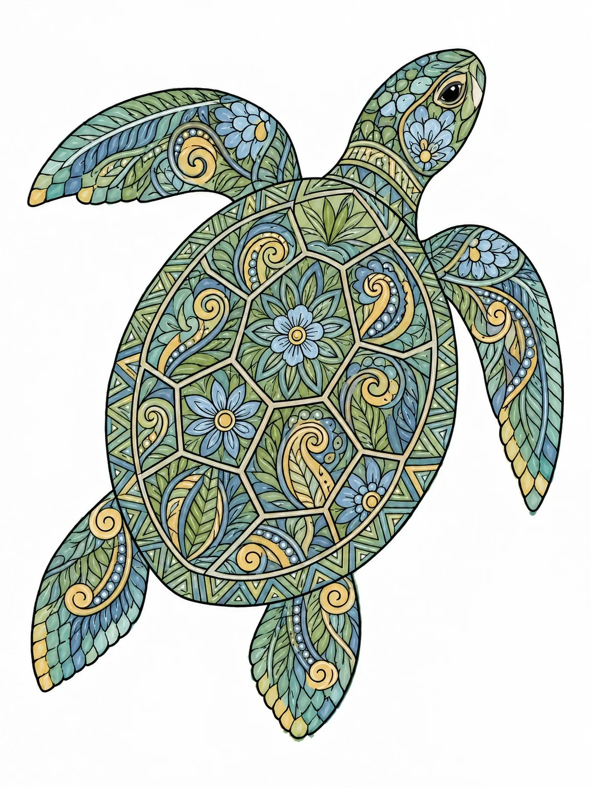 Colored example of the Intricate Zentangle Sea Turtle coloring page