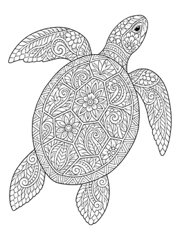 Detailed sea turtle with intricate motifs on this zentangle coloring page.