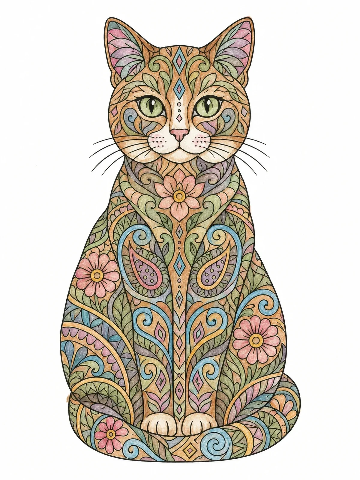 Colored example of the Intricate Zentangle Sitting Cat coloring page