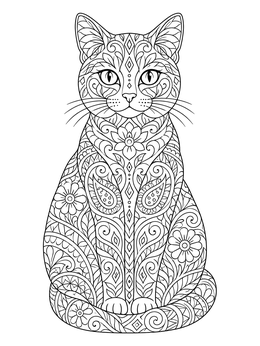 An ornate zentangle coloring page depicting an upright sitting cat filled with paisley and floral motifs.