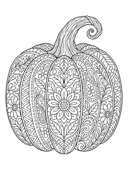 An ornate zentangle thanksgiving coloring page featuring an intricately patterned pumpkin with a curled stem.