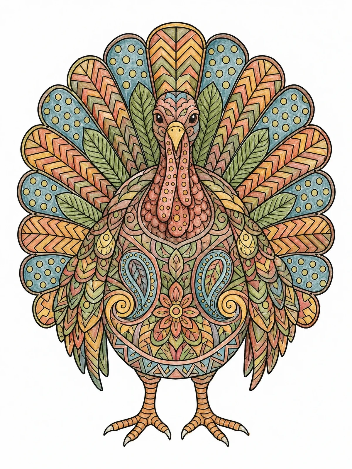 Colored example of the Intricate Zentangle Turkey Mandala coloring page