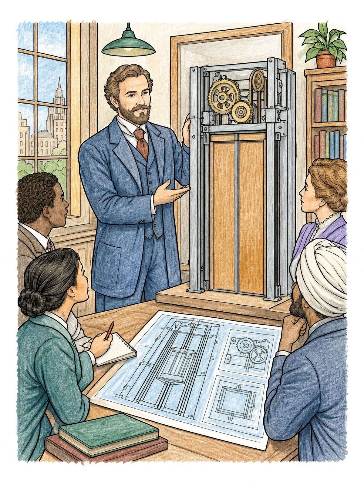 Colored example of the Inventor Demonstrating Elevator Mechanism coloring page