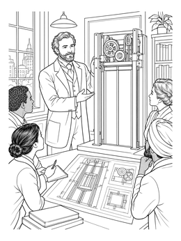 Free printable Inventor Demonstrating Elevator Mechanism coloring page